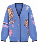Blue Graphic Knit Cardigan with Sun and Hearts