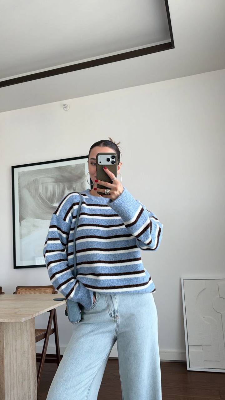 17e1970c-ec06-4822-803a-669ffc6ddceb Blue and Brown Striped Knit Sweater - Image 1