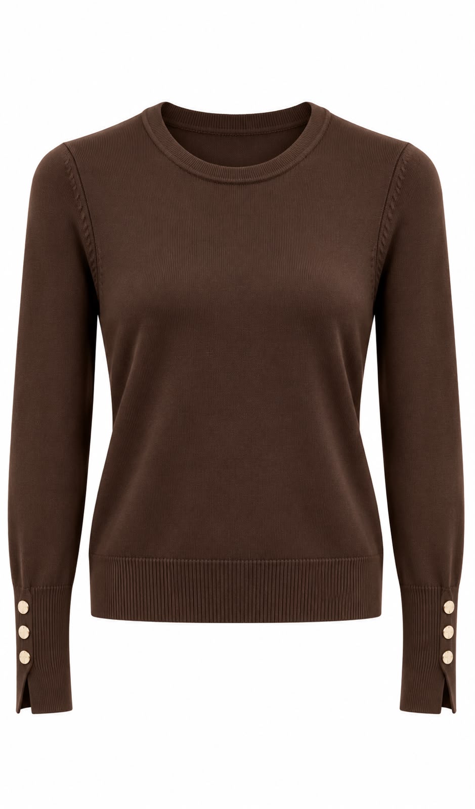 2b0e9125-f667-45b6-be5c-5e067aa25099 Brown Crew Neck Sweater With Gold Buttons - Image 1
