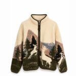 Deer & Forest Print Sherpa Fleece Zip Jacket