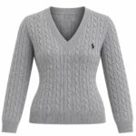 Grey Cable Knit V-Neck Sweater