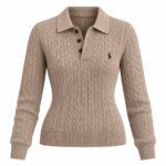Cable Knit Beige Polo Sweater