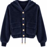 Navy Blue Fleece Hooded Button Jacket