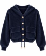 Navy Blue Fleece Hooded Button Jacket