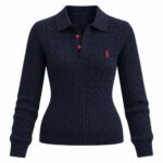 Navy Cable Knit Long Sleeve Polo Sweater