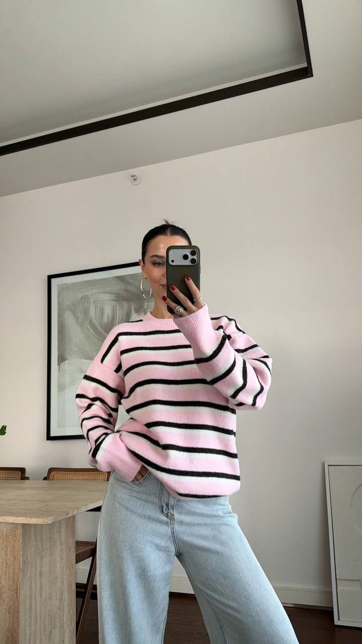 64abe66c-2d24-4ca4-9a06-c98fbb5c0730 Pink and Black Striped Knit Sweater - Image 1