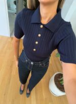 Navy Ribbed Knit Polo Top - Image 2