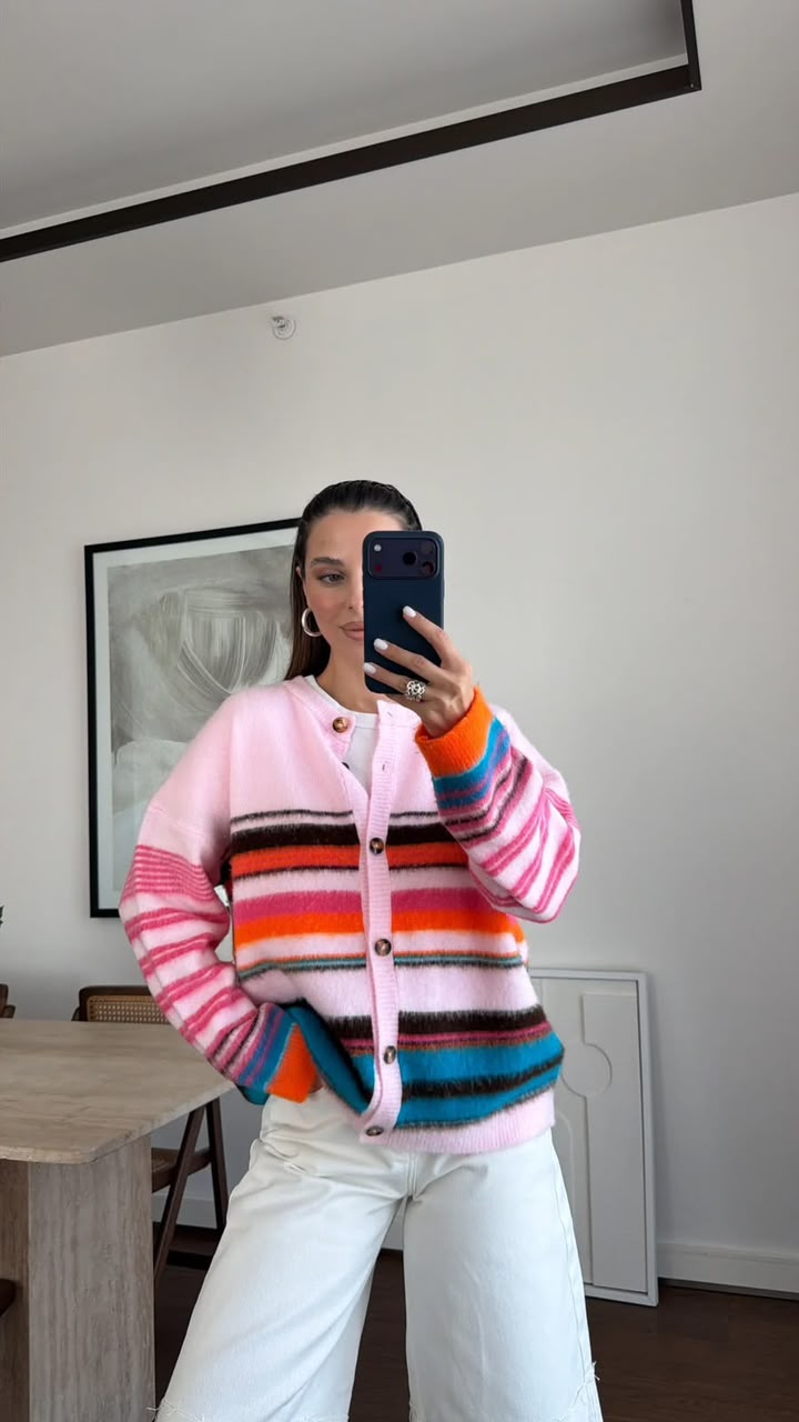 6a54f0fb15792ab4aaac27c75f138413f825.jpg Pink Multicolor Striped Cardigan - Image 1