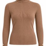 Brown Ribbed Turtleneck Sweater With Button Cuffs