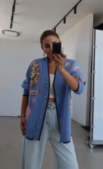 Blue Graphic Knit Cardigan with Sun and Hearts - Image 2