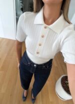White Ribbed Short Sleeve Polo Top - Image 2