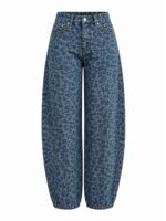 Blue Leopard Print Wide Leg Jeans