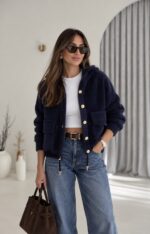 Navy Blue Fleece Hooded Button Jacket - Image 2
