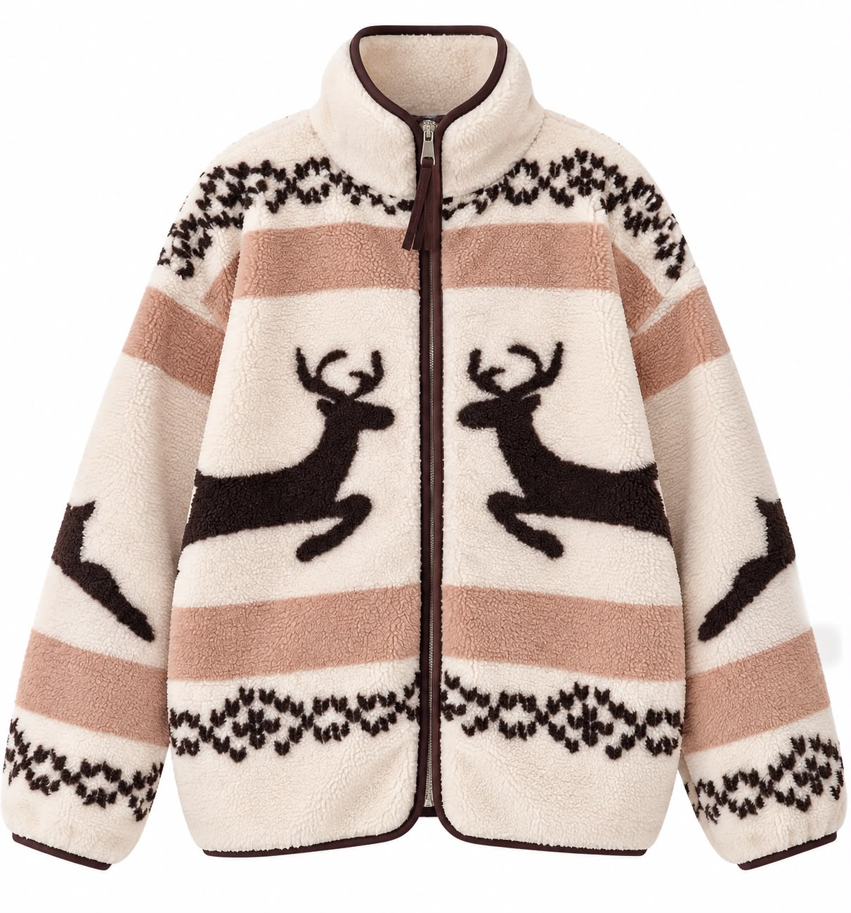 938c998314f3e0ebe34bb72d0b479138b8ba.jpg Reindeer Pattern Sherpa Fleece Zip Jacket - Image 1