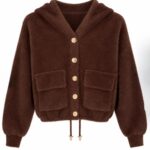 Brown Fuzzy Button-Up Hooded Jacket