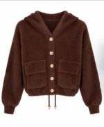Brown Fuzzy Button-Up Hooded Jacket