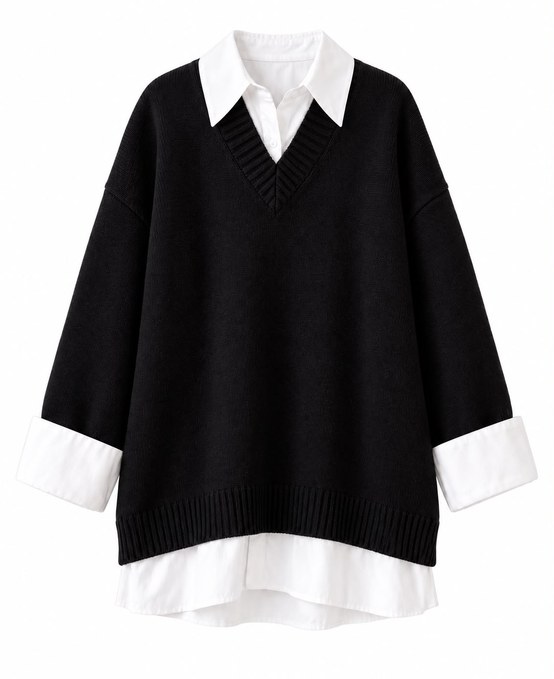 97512a35-e30c-4d23-977d-74bff32085f4 Black V-Neck Sweater With White Collar - Image 1