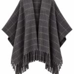 Gray Plaid Fringe Poncho Cape