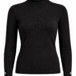 Black Ribbed Turtleneck Sweater With Gold Buttons