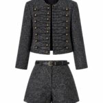 Black Tweed Military Jacket and Shorts Set