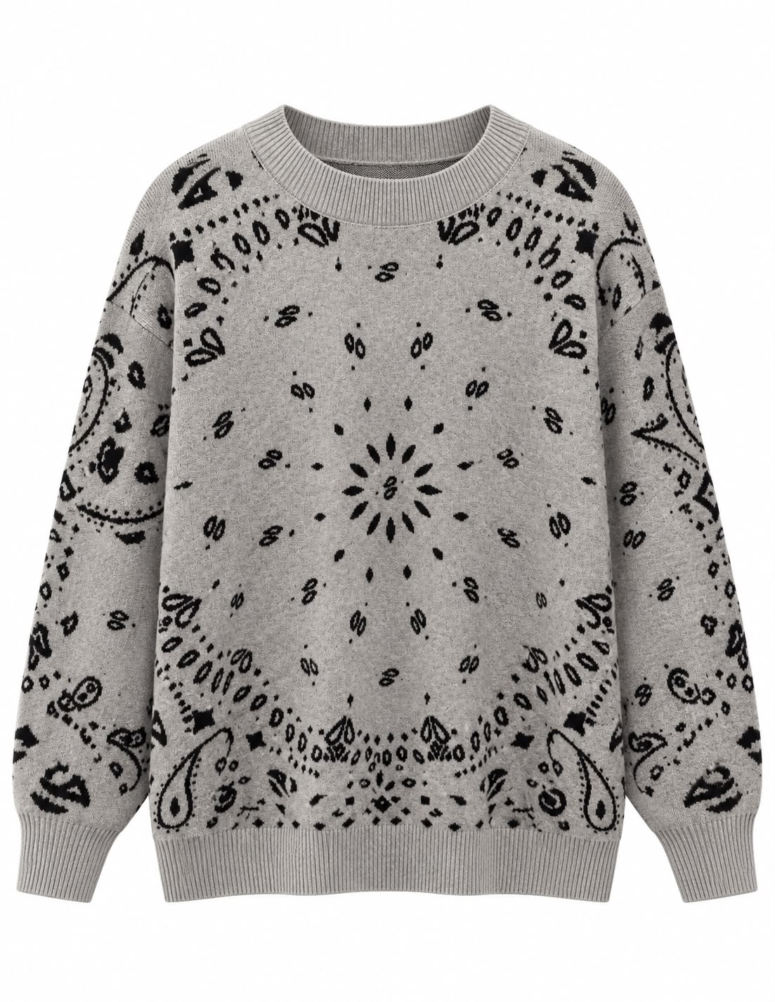 aca15ede-0d8d-4425-992e-cdca4e57e129 Gray Bandana Pattern Knit Sweater - Image 1