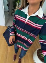 Women’s Striped Rugby Polo Long Sleeve Shirt