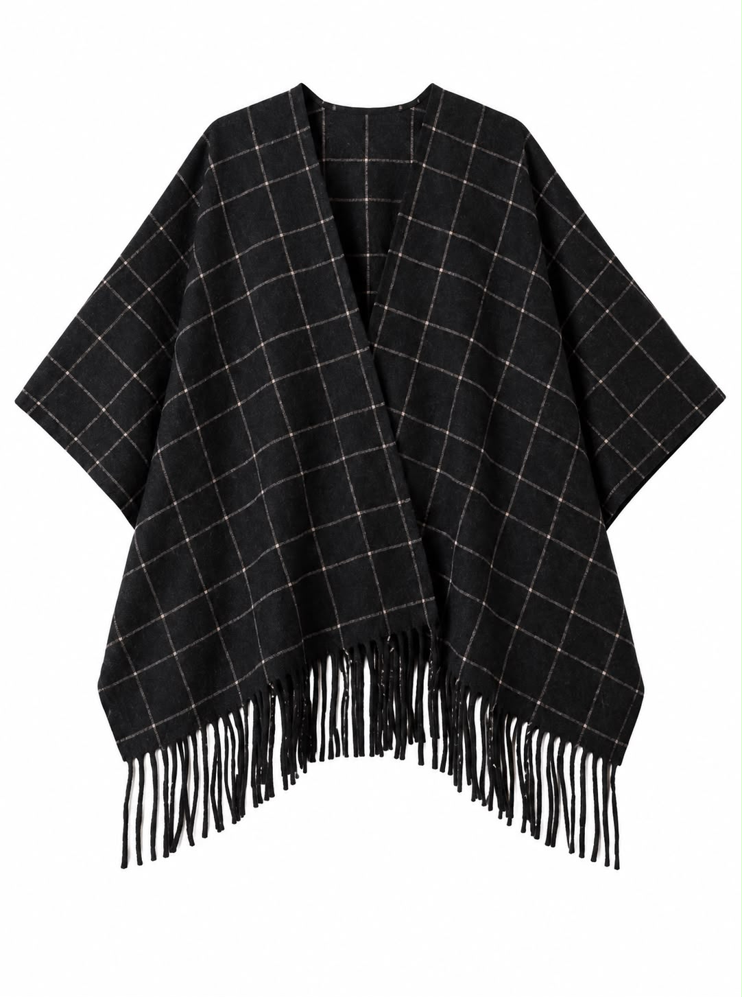 ae453963-5415-49c2-a294-295fa63cfcd6 Black Plaid Fringe Poncho Cape - Image 1