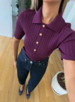 Burgundy Ribbed Knit Polo Top with Gold Buttons - Image 2
