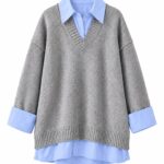 Gray Knit V-Neck Sweater With Blue Shirt