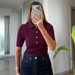 Burgundy Ribbed Knit Polo Top with Gold Buttons