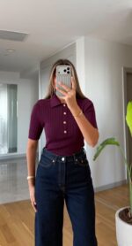 Burgundy Ribbed Knit Polo Top with Gold Buttons