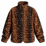 Brown Fleece Zip Jacket With Deer Print