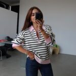Striped Long Sleeve Polo Sweater Pink Trim