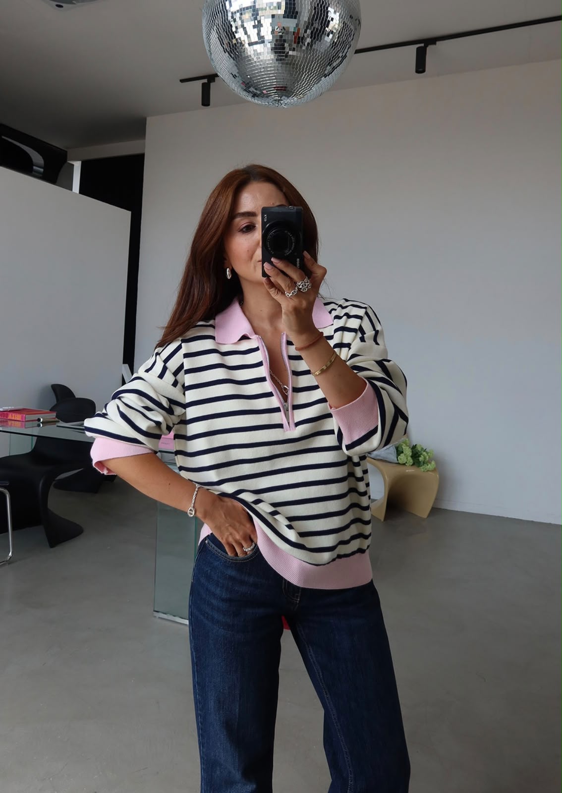 bcbff942-4cd0-419d-84dd-82dbb9c956c4 Striped Long Sleeve Polo Sweater Pink Trim - Image 1