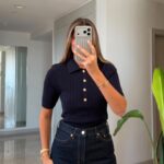 Navy Ribbed Knit Polo Top