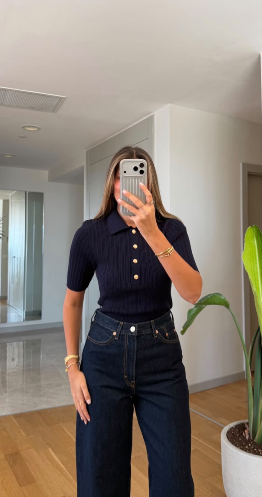 cf2c7bd9-6563-4ae6-9762-f6992b8202ef Navy Ribbed Knit Polo Top - Image 1