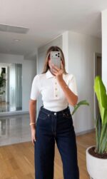 White Ribbed Short Sleeve Polo Top