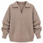 Beige Cable Knit Collared Sweater