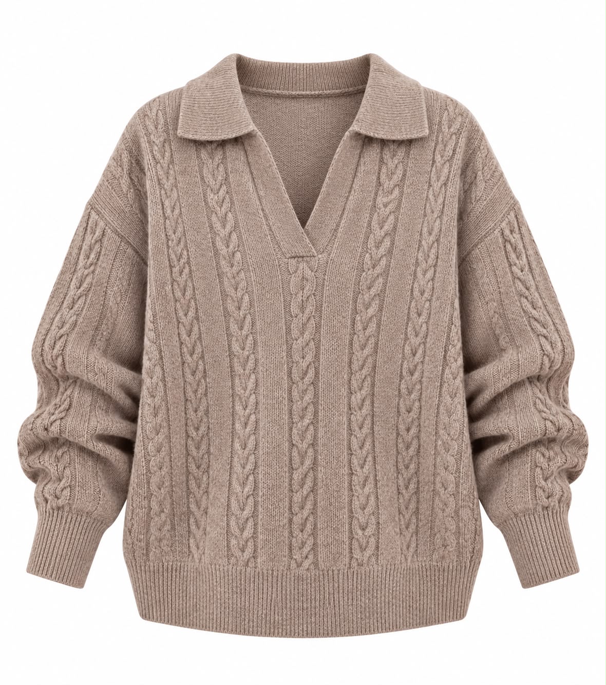 dbc6822d-a3d7-4166-a452-771b113b0e24 Beige Cable Knit Collared Sweater - Image 1