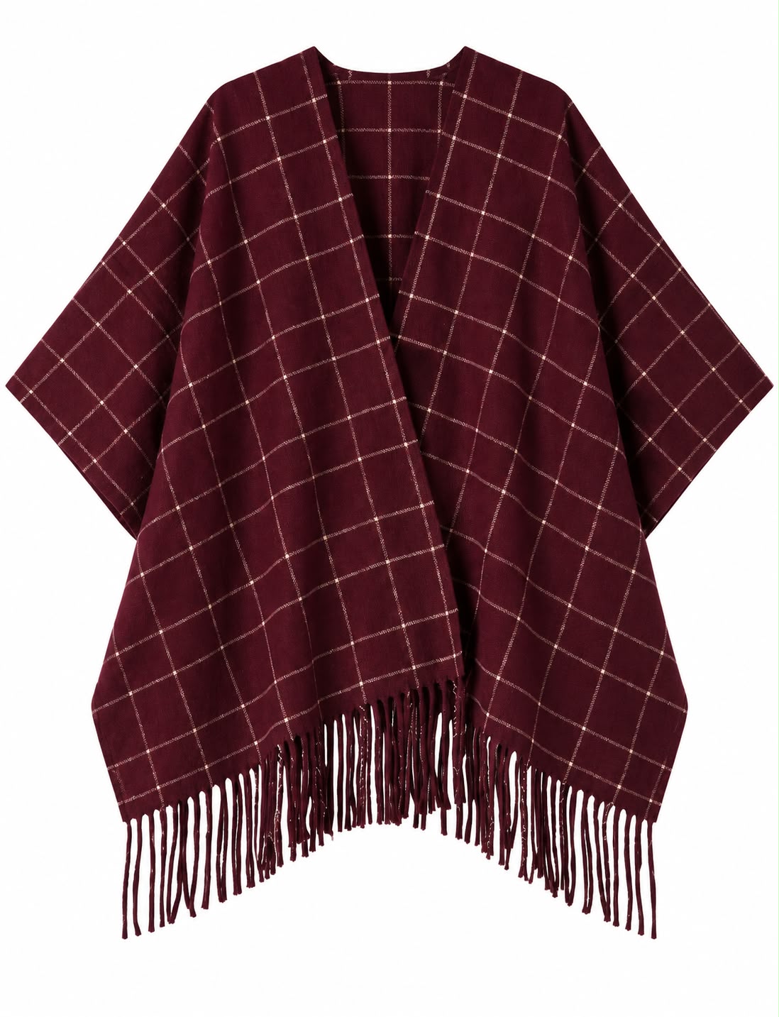f6717caf-076d-415a-8f8b-056a385a65a1 Burgundy Plaid Fringe Poncho Cape - Image 1