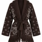 Brown Fringe Knit Cardigan With Belt