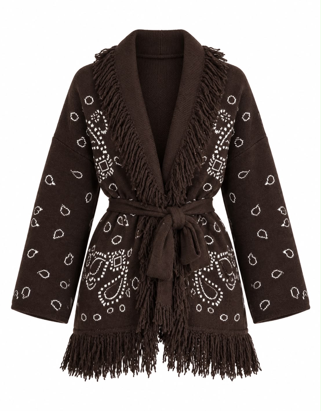 fcb481fc-2c02-48e8-a1f2-3e4cf422e9ab Brown Fringe Knit Cardigan With Belt - Image 1